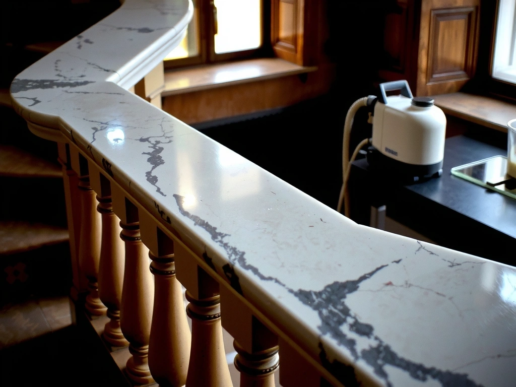 Detailní pohled na leštěné mramorové schodiště v pražské vile