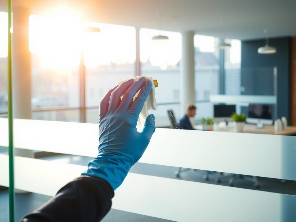 Rukavice leští skleněnou příčku v kanceláři